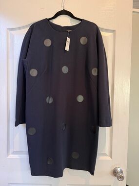 Ann Taylor Navy Long-Sleeve Shift Dress with Leather Dot Details